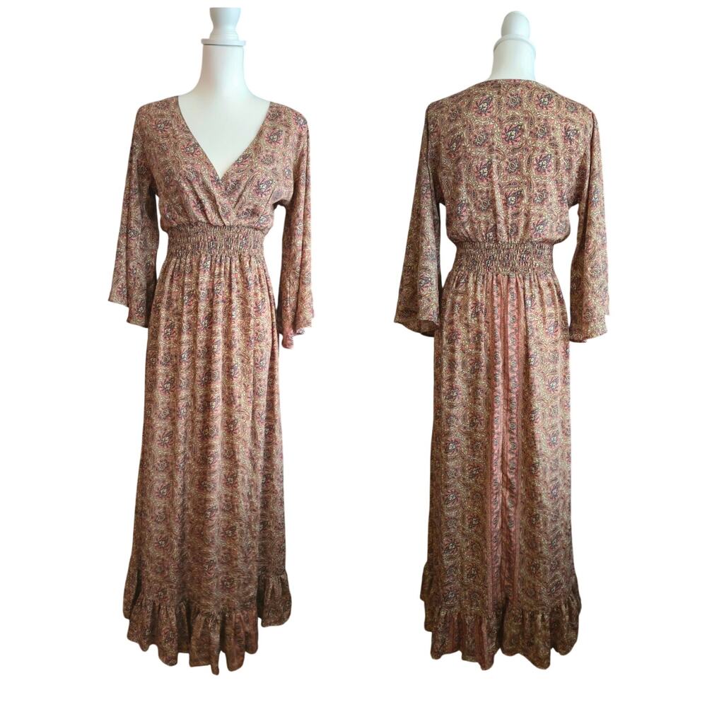 Whimsical Forest Fairy Paisley Smocked Maxi Dress Small Earth Tone Boho Paani
